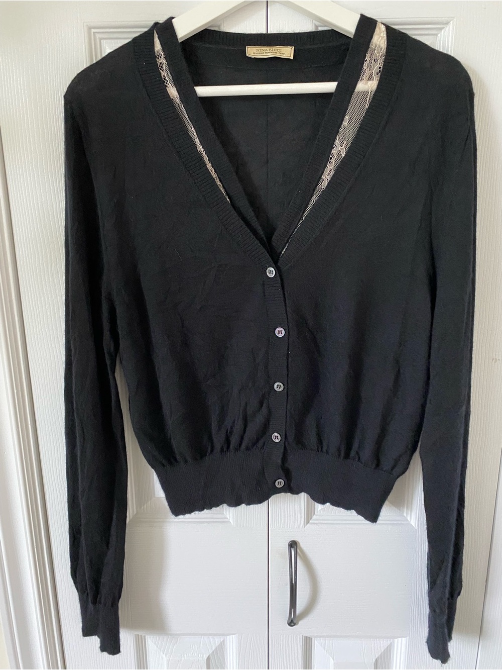 Nina Ricci Cashmere Cardigan attached Lace button front waistcoat vintage black